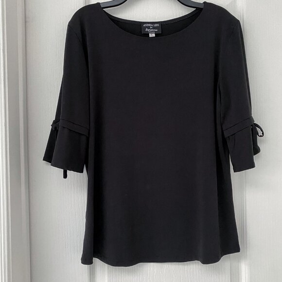 Andria Lieu - Elegant 3/4 Length Sleeve Black Bell Sleeve Tie Detail Top - Picture 1 of 6